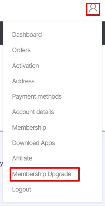 Account menu with Membership Upgrade highlighted