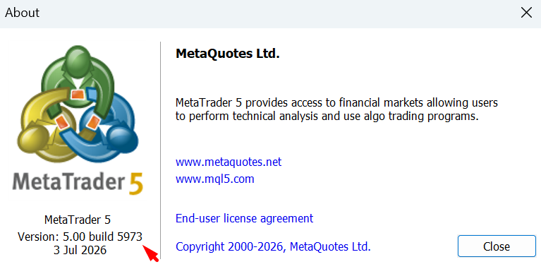 MetaTrader 5 About window showing build 5973 dated 3 Jul 2026