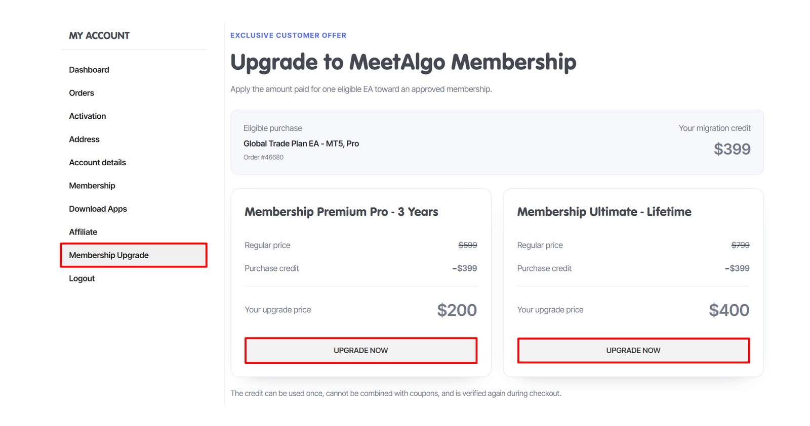 MeetAlgo Membership Upgrade page showing migration credit and upgrade options