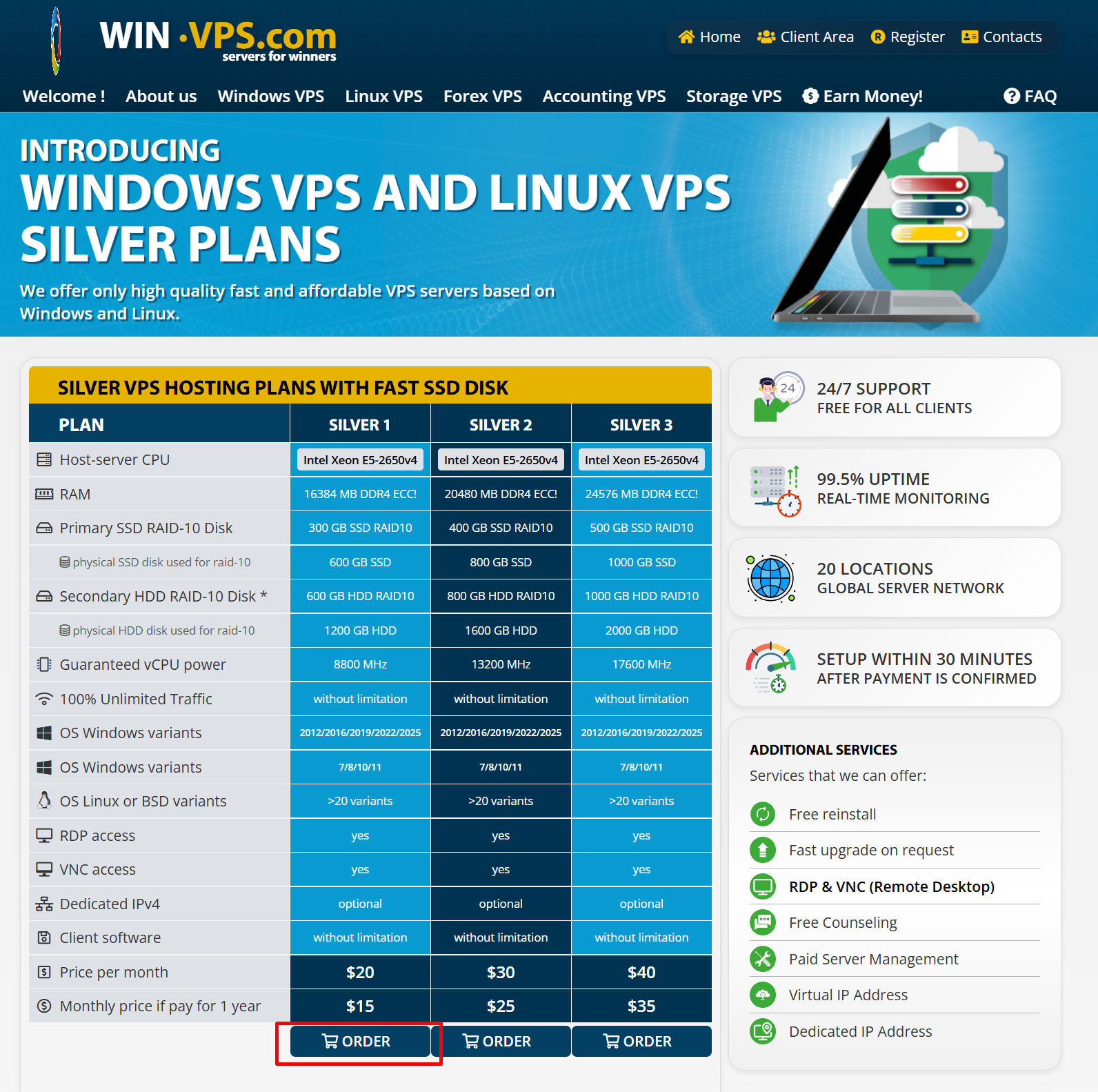 Win-VPS Silver 1 plan order button