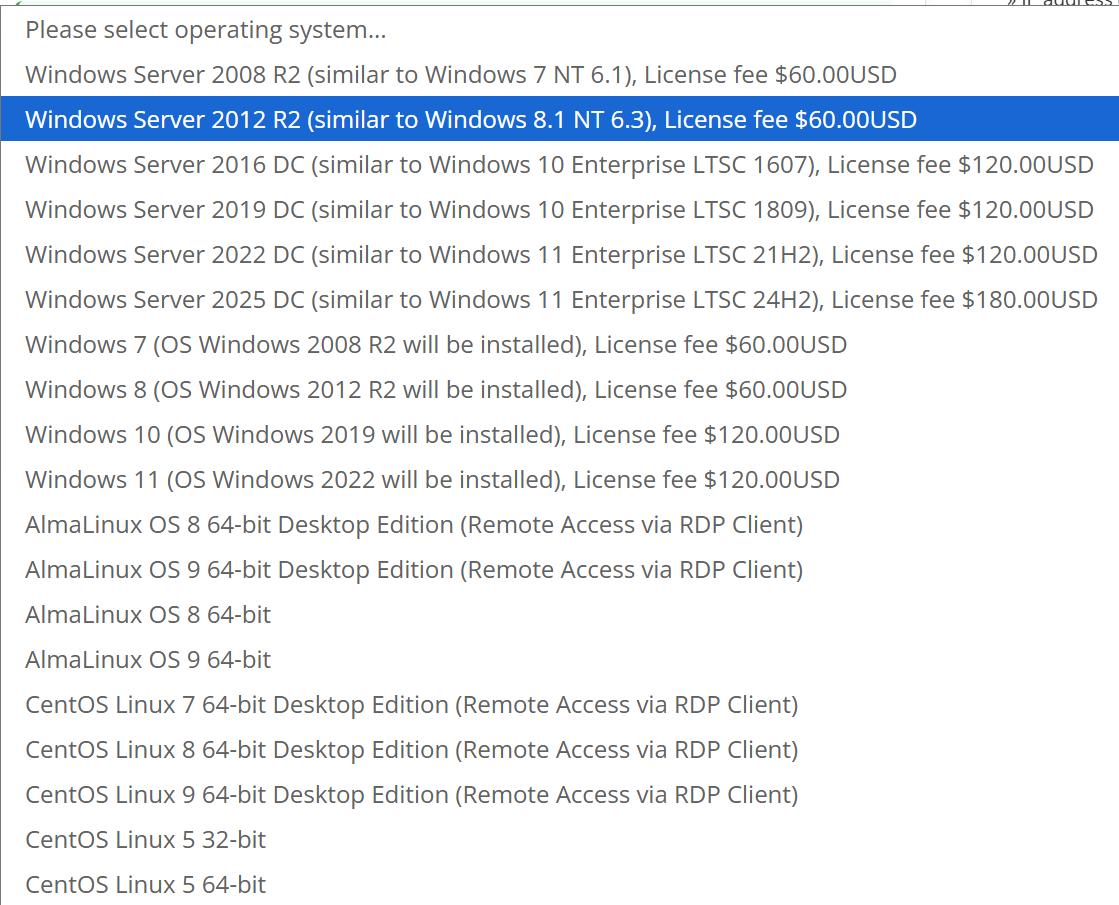Windows Server 2012 R2 operating system selection