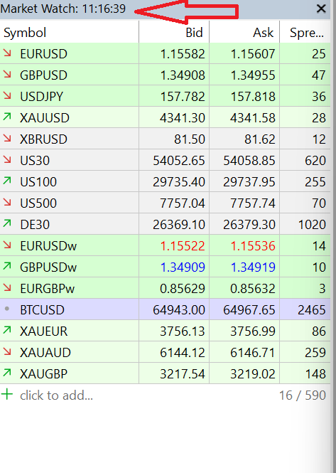 Check broker server time in MetaTrader Market Watch